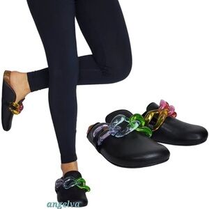 Black Mules with Multicolor Chain Detail